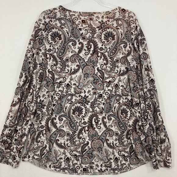 Ann Taylor size XL Brown White Paisley Stretch Knit Long Sleeve Pullover Top - Picture 8 of 9